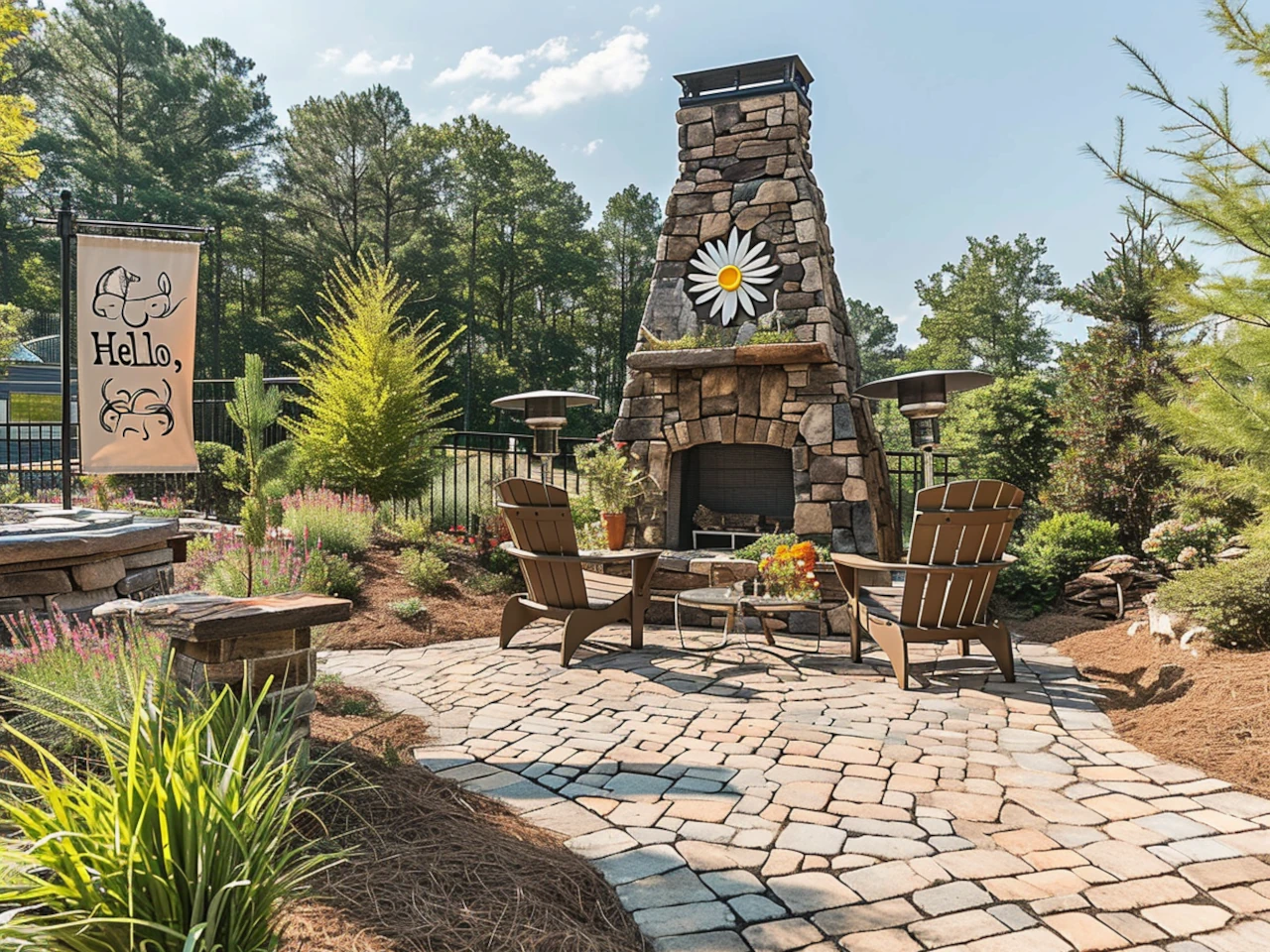 Custom outdoor hardscape kitchen with stone fireplace and seating area in Winston-Salem, NC by GH Cutting Edge Hardscapes