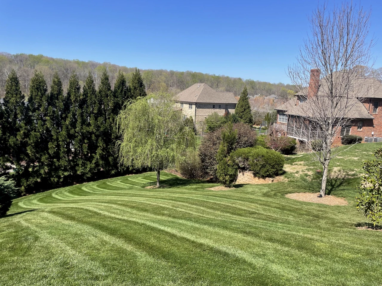 Luxury home with professionally maintained lawn featuring striped mowing patterns in Winston-Salem, NC by GH Cutting Edge
